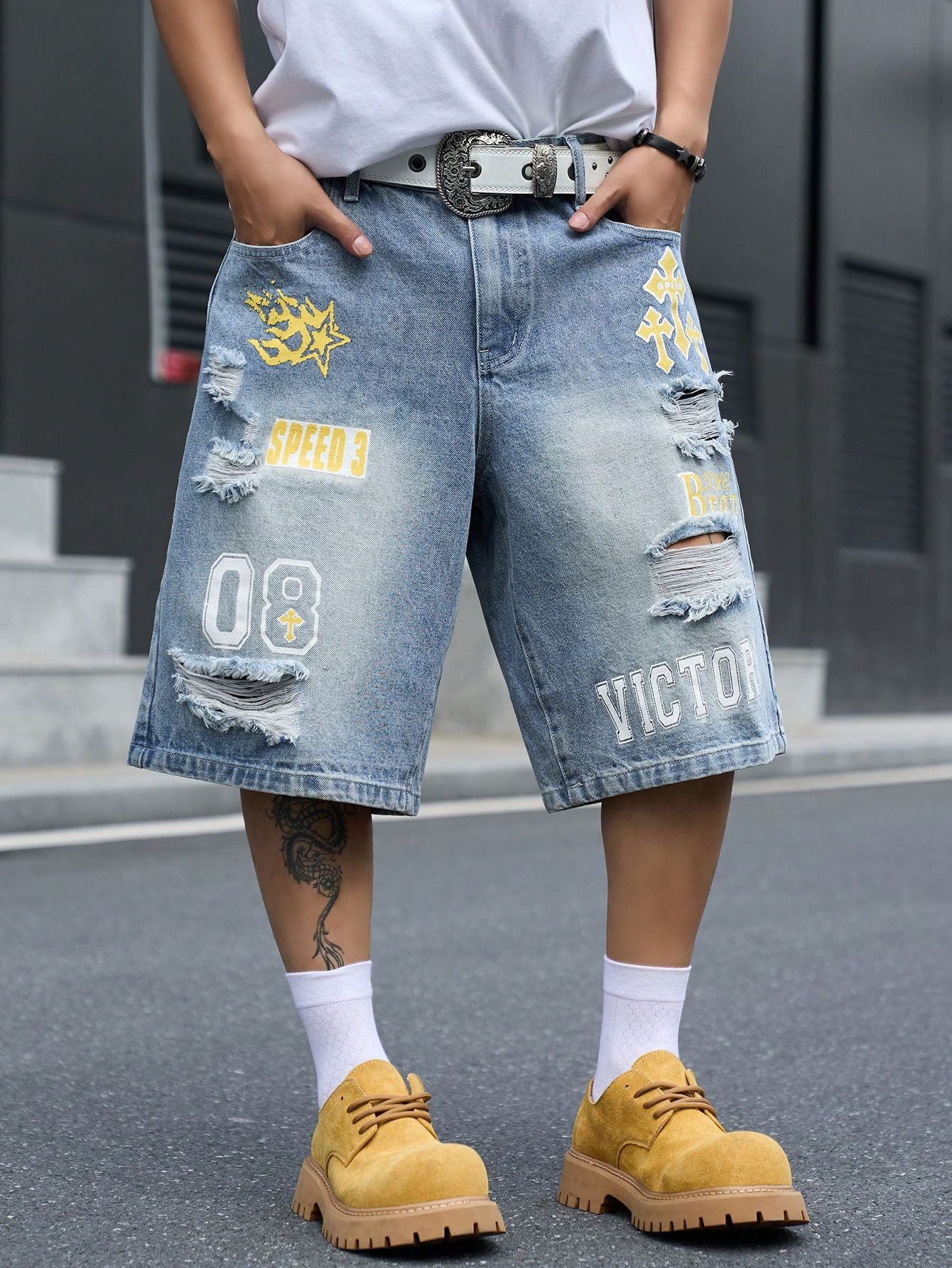 Men's Loose Fit Denim Bermuda  - огляд і ціна Distressed Jean Rip